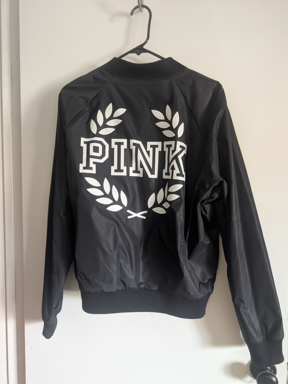 PINK Victoria's Secret Black Bomber Jacket with White Laurel Logo Like New